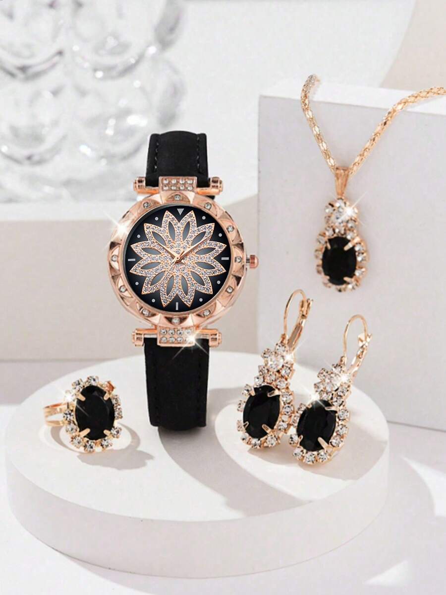 5 件装女士黑色 PU 皮革表带时尚休闲花朵表盘石英表项链耳环戒指首饰套装适合日常佩戴或节日礼物 - 黑色 - 查看 1