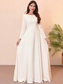 缎面婚纱长袖 A 字形绉纱船领优雅新娘礼服，带口袋，适合新娘