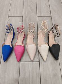 StellaMeli Satin Pointed Ballet Flats With 2 Rhinestone Hooks - Beige - View 2