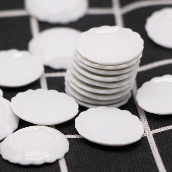 2pcs/4pcs/8pcs Mini Realistic White Ceramic Floral Edged Plate, Miniature Kitchen Food-Finished Scene Props And Accessories