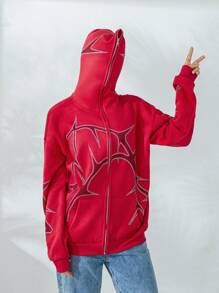 Women Loose Fit Sweatshirt Casual Print Zip Up Hoodies Long Sleeve Jacket With Pockets Autumn Streetwear - Red - View 6