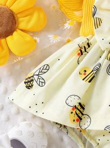 Conjunto de 2 piezas de vestido mono informal con parches a rayas y decoración de abeja, con cintura ajustada y diadema para bebé niña
