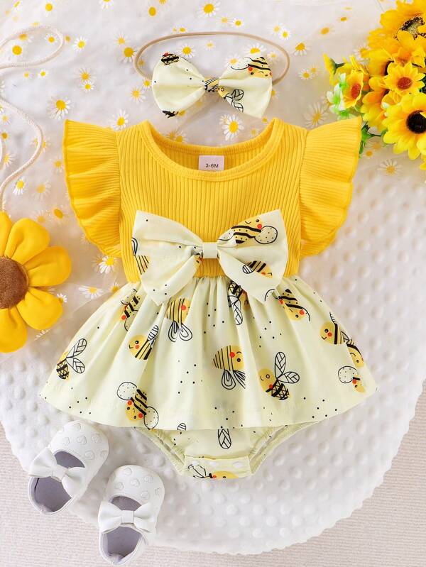 Conjunto de 2 piezas de vestido mono informal con parches a rayas y decoración de abeja, con cintura ajustada y diadema para bebé niña