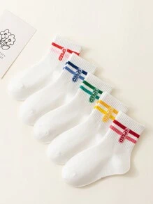 5 perechi de șosete albi pentru copii cu dungi colorate, bară dublă și imprimeu cu litere, șosete sport și casual, respirabili și moi pentru primăvară, toamnă, toate anotimpurile, potrivite pentru copii, adolescenți, înapoi la școală