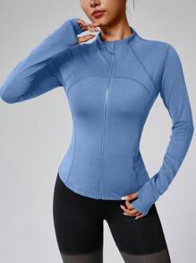 Damen Jacke mit durchgehendem Reißverschluss, Unifarben, Langarm, figurbetonter Sitz, mit Daumenöffnungen an den Manschetten, geeignet für Fitness, Yoga, Laufen