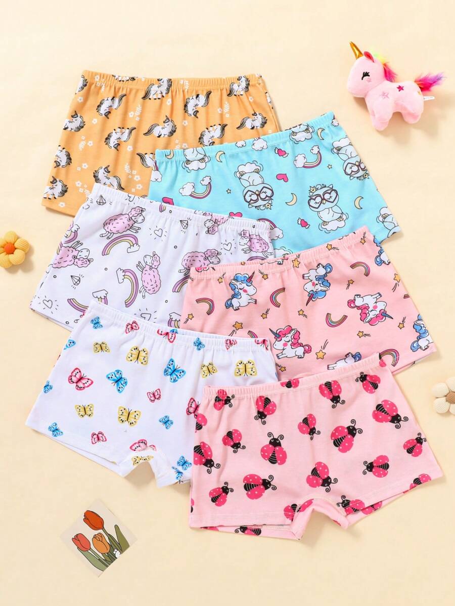 6pcs/Set Girls Cute Cartoon Unicorn, Butterfly & Animal Print Breathable Boyshort Panties - Multicolor - View 1
