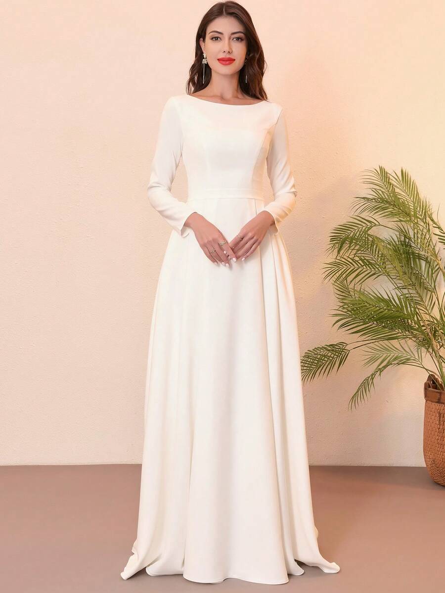 缎面婚纱长袖 A 字形绉纱船领优雅新娘礼服，带口袋，适合新娘