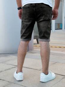 男士简约五口袋牛仔短裤，休闲日常穿着 - 黑色 - 查看 2