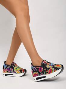 Women's Platform Wedge Sneakers 2025 Spring/Summer New Fashion Versatile Mesh Breathable Flat Comfort Sandals (Shoe Upper Pattern Random) - Black - View 5