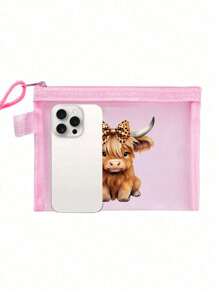 Charming Highland Cow Theme Printed Mesh Cosmetic Bag/Makeup Bag, Lipstick And Nail Polish Storage Bag,Skincare Essential Oil Storage,Air Cushion Storage Portable Storage Bag, Skincare Bag, Travel Essentials, Dormitory Supplies, Wedding Bride Gifts, Mother Gifts, Birthday Gifts, Gifts For Friends And Teachers, Bathroom Storage, Jewelry Storage, Lip Oil And Cosmetics Storage Bag,Items For College Students Starting School,Mother's Day Gift For Mom,Boho Vibes
