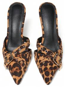 Mules Heels For Women Kitten Heel Sandals Pointed Toe Buckle Slip On Studded Pointed Stiletto Heels Party Dress Pumps - Leopard - View 9