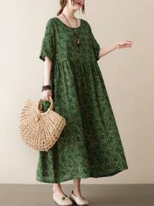 2026春节新款夏季圆领短袖印花连衣裙，波西米亚休闲度假连衣裙，女士大码日常穿着，优雅妈妈连衣裙