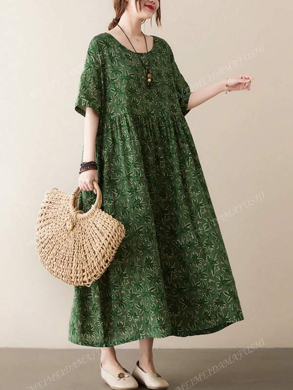 Tops, New Summer 2025 Crew-Neck Short Sleeve Swing Print Dress, Bohemian Casual Holiday Dress, Women's Plus Size Everyday Wear, Elegant Dresses For Mothers