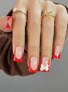 30pcs Acrylic Press-On Nail Set For New Year, Short Flared Duck Mouth Shape, Dark Red French Tip With 3D White Bow, Suitable For Girls, Women As Gift, Holiday, Daily Wear, Includes Double-Sided Tape & Nail File Press On Nails