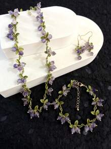 Juego de joyas artesanales con piedras naturales con diseño floral - Incluyendo pendientes, pulsera y collar para mujeres - Pendientes pulsera collar con piedras de color arándano - Ver 6