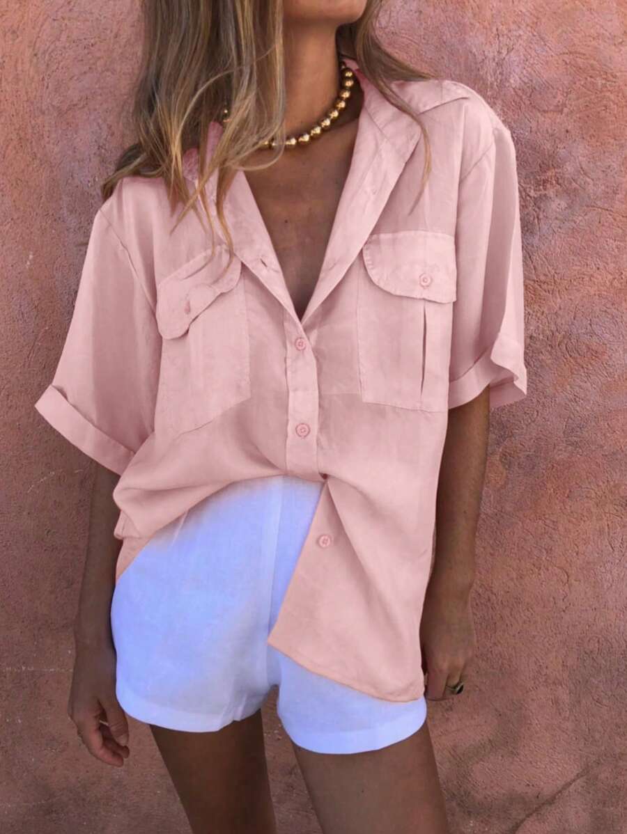 IGKEEL Solid Color Short Sleeve Casual Versatile Shirt, Button Front Collar With Pocket, Summer Style