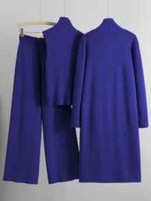 Women's Minimalist Solid Color Turtle Neck Tank Top & Wide Leg Trousers With Long Cardigan Three-Piece Set, Basic Co-Ord Set - Màu xanh lam - Xem 2