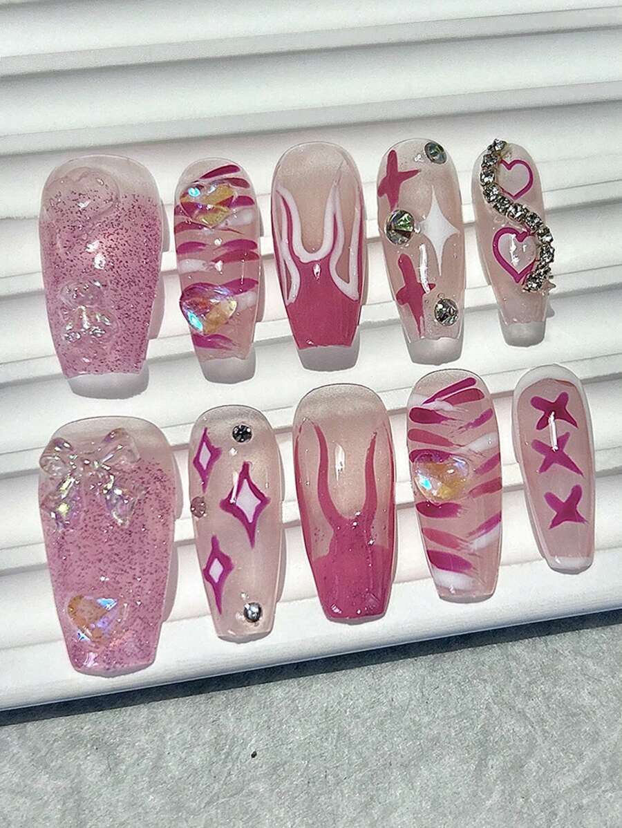 10PCS Y2k Handmade Manicure Sweet Hottie Flame Manicure Nail Art Bow Love Fake Nails Wear Nails Coffin Nails Press On Nails Medium Nail Supplies (1 Sheets Jelly Stickers+1PC Nail File)