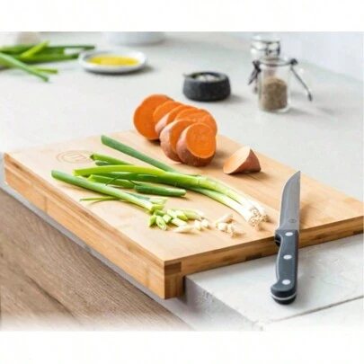 Bloom Store-MasterChef Tabla de cortar de madera, tabla de cocina de bambú, para carne, jamón, pan, queso, con ranura y borde para jugo, natural