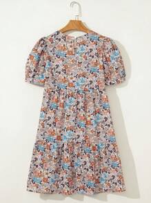 Acelitt Summer Apricot Bohemian Printed Short Sleeve Bubble Sleeve Mini Dress - Multicolor - View 5