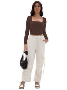 GEREARC Women's Crop Tops Square Neck Shirts Long Sleeve Cropped Tshirts Fitted Tees Basic Clothes Sexy - 咖啡豆 - 查看 5