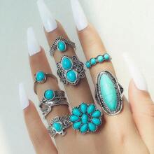 Vintage Geometric Turquoise Rings Set For Women Silver Color Ring Female Bohemian Jewelry - Silver - View 6