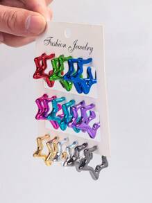 1 Set Of 9 Pairs Fashion Metal-Color Acrylic Asymmetrical C-Shape Hoop Earrings Set, Suitable For Daily Wearing For Women