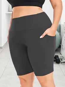 Plus Size Women Elastic Soft Crescent Pocket Yoga Pants, Casual Bike Shorts - Dark Grey - View 4