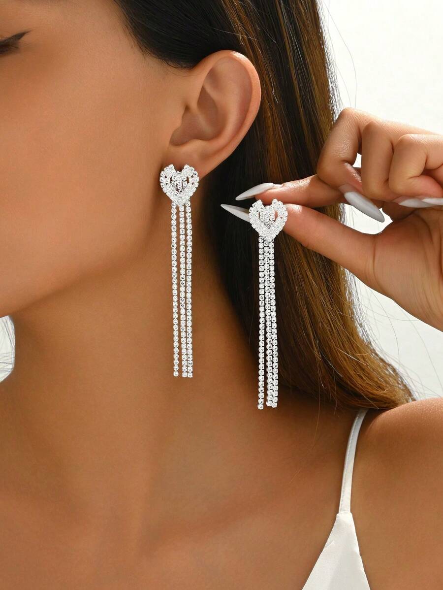 1 对优雅别致的新款水钻心形设计吊坠耳环，适合女士日常休闲、节日派对、生日、夜总会、时装秀穿着 - 銀色 - 查看 1
