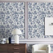 1 卷复古乙烯基自粘墙纸，优雅的蓝色乡村和花卉景观设计，防水、可移除、不粘接触纸、无缝接缝，易于应用于家庭装饰、厨房、卧室、客厅和家具翻新