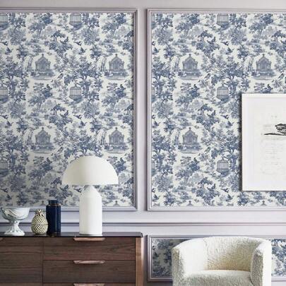1 卷复古乙烯基自粘墙纸，优雅的蓝色乡村和花卉景观设计，防水、可移除、不粘接触纸、无缝接缝，易于应用于家庭装饰、厨房、卧室、客厅和家具翻新