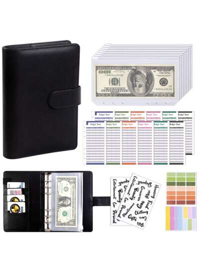 1pc A6 PU Leather Loose-Leaf Budget Book, With 8 Zipper Pockets, 12 Color Budget Sheets, 2 English Stickers, Loose-Leaf Cash Budget Notebook For Money Saving And Financial Planning(Excluding Coins)
