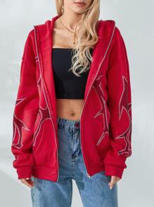 Women Loose Fit Sweatshirt Casual Print Zip Up Hoodies Long Sleeve Jacket With Pockets Autumn Streetwear - Red - View 4