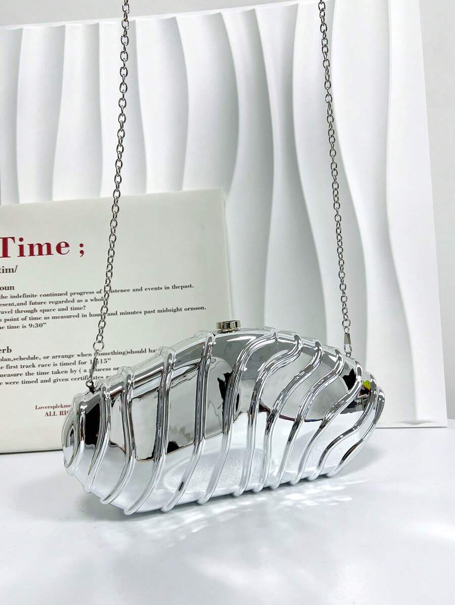 1pc Metallic Striped Shiny Acrylic Clutch Bag With Lock Closure And Chain Strap, Suitable For Formal Events And Galas - Silver - View 1
