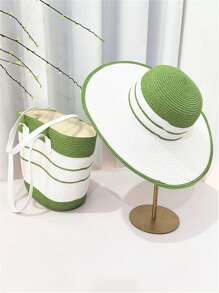 Tropiscape 草帽+草编包套装,女士彩色条纹草帽和手提包,适合夏季波西米亚风海滩度假,1顶时尚宽檐防晒帽,可折叠设计,1个带手机和储物隔层的手提包,适合户外休闲旅行和日常搭配,秋季圣诞节冬季圣诞礼物