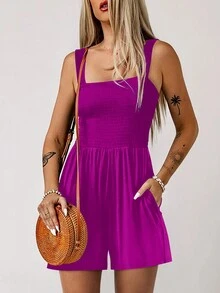 Acelitt 女士纯色方领拼接休闲连体裤，夏季优雅之选 - 紫色 - 查看 3