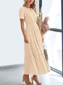 Womens Summer Maxi Dresses Short Sleeve High Waist Tiered Flowy A-Line Boho Bohemian Beach Long Dress Holiday Vacation Beach Valentine Long Dress Outfit - Màu be - Xem 3