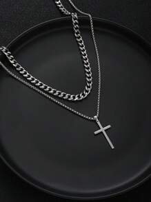 1-5 Pieces Casual Hip-Hop Stainless Steel Cross Pendant Multi-Layer Chain Necklace Suitable For Men's Couples Daily Wear Dating Party Birthday Gift For Boyfriend - Silver - View 10