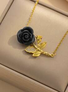 1 件新款时尚法式浪漫红玫瑰花项链，女士，酒红色，微镶嵌锆石花卉吊坠颈链 - 項鍊 - 查看 2