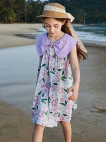 ASK JUNIOR Tween Girls[Flowers]女童连衣裙夏季儿童裙子透气时尚蝴蝶结领公主裙 - 紫色 - 查看 8