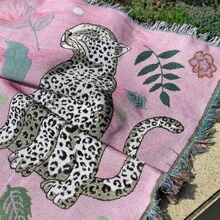 1 pieza Manta con borlas estampado de leopardo de las nieves estilo bohemio, manta versátil para cuatro estaciones, para camping, sofá, oficina, dormitorio y decoración de la sala de estar