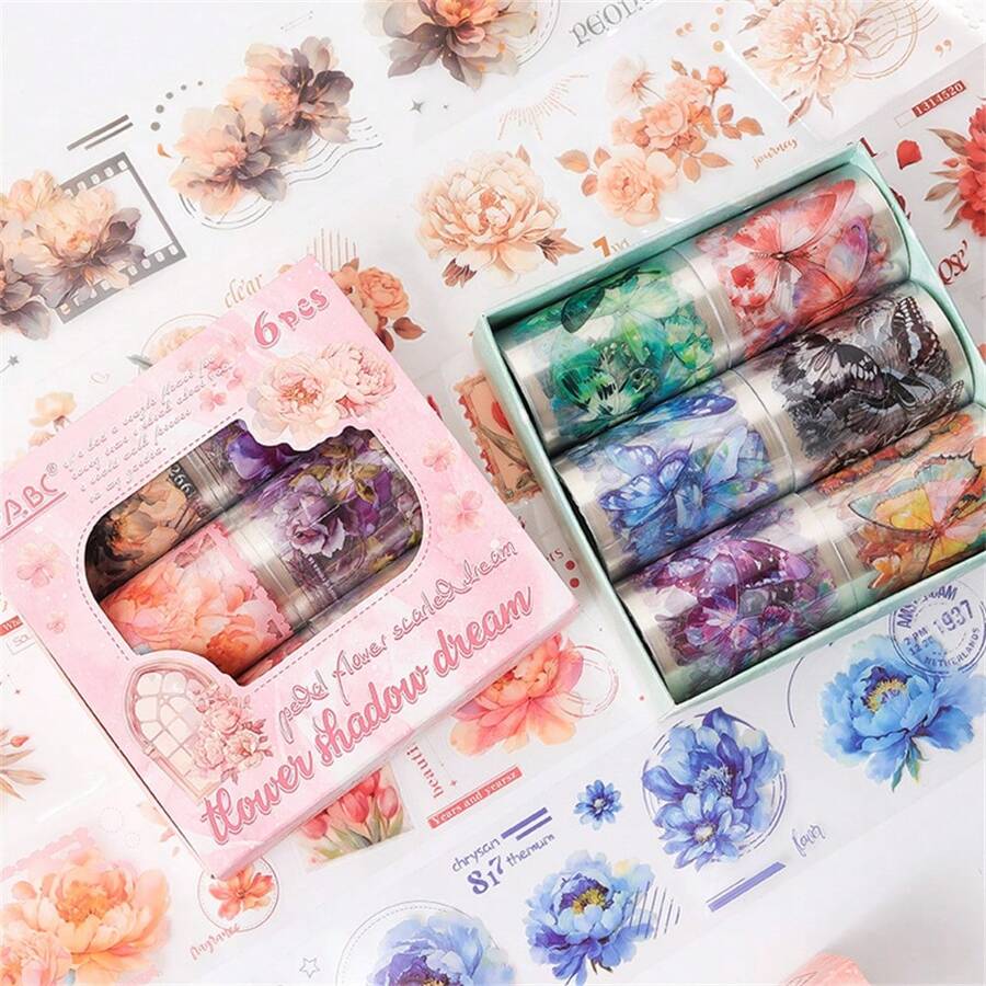 6 rotoli di adesivi a forma di fiori, nastro floreale trasparente in PET per agenda, fai-da-te, custodie per cellulare, scrapbook, calendario, buste, decorazione