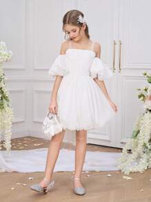 Tween-Mädchen Elegantes Blumenkleid mit Schleife für Schönheitswettbewerbe, Hochzeiten, Festessen, Geburtstage, Brautjungfern und formelle Anlässe, auch als Abendkleid für Moderatoren und Ballkleider geeignet. - Weiss - Übersicht 4