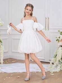Tween-Mädchen Elegantes Blumenkleid mit Schleife für Schönheitswettbewerbe, Hochzeiten, Festessen, Geburtstage, Brautjungfern und formelle Anlässe, auch als Abendkleid für Moderatoren und Ballkleider geeignet. - Weiss - Übersicht 1