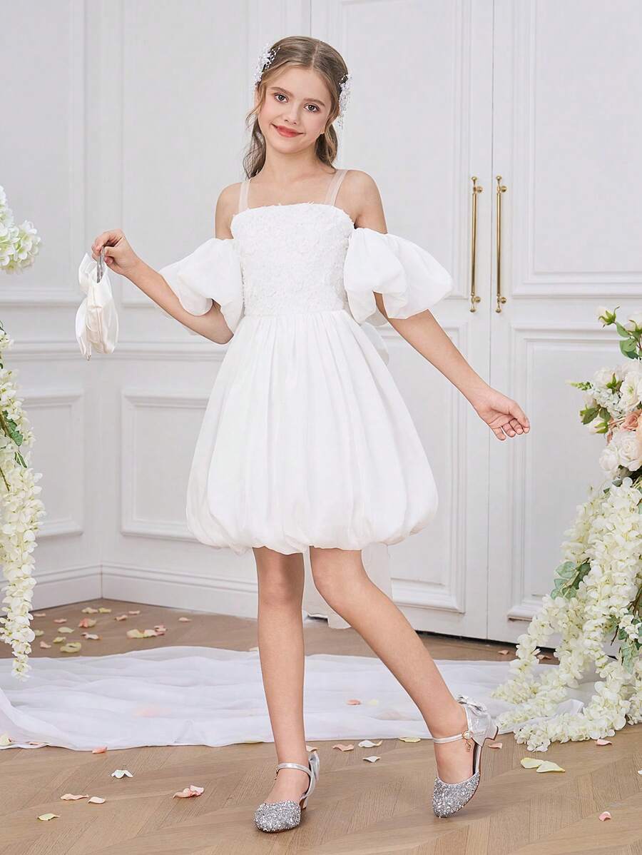 Tween-Mädchen Elegantes Blumenkleid mit Schleife für Schönheitswettbewerbe, Hochzeiten, Festessen, Geburtstage, Brautjungfern und formelle Anlässe, auch als Abendkleid für Moderatoren und Ballkleider geeignet. - Weiss - Übersicht 1
