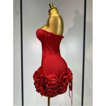 QueenLine Handmade Sexy Strapless Backless Floral Embellished  Celebrity  Mini Bandage Bodycon Dress - Red - View 3