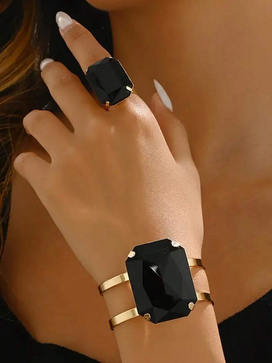 1 Set Fashionable Exaggerated Metal Inlay Pearl Women's Bracelet, Ring And Jewelry Mini Accessory Set - Holiday Gift - C Black - View 1