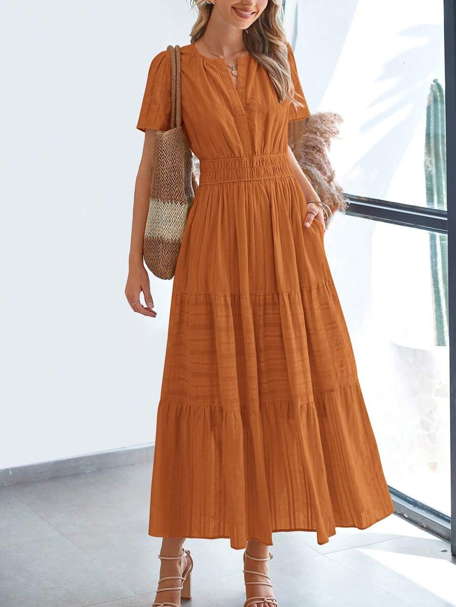 Womens Summer Maxi Dresses Short Sleeve High Waist Tiered Flowy A-Line Boho Bohemian Beach Long Dress Holiday Vacation Beach Valentine Long Dress Outfit - 棕橘色 - 查看 1