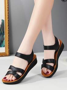 Women's Flat Sandals, Solid Color Casual New Style Hook And Loop Patchwork Slip-On Slippers