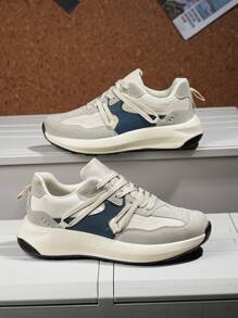 男士拼色系带低帮运动鞋，户外休闲舒适百搭徒步运动鞋，情侣款 - 灰色 - 查看 2